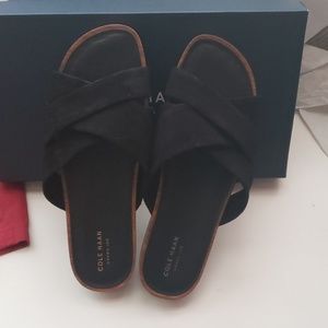 COLE HAAN slip on, suede, black sandals!
